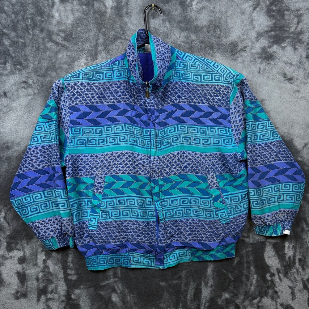Fuda International Bomber Jacket Mens Large Blue Silk Vintage Geometric Pattern
